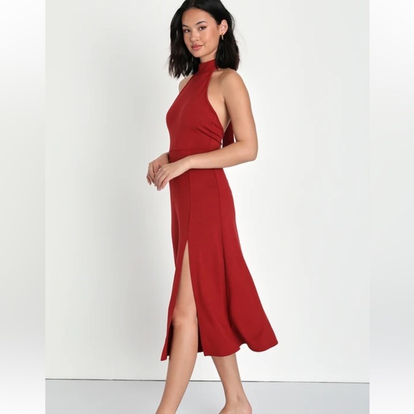 Unforgettable Favorite Rust Red Halter Midi Dress - Picture 3 of 6